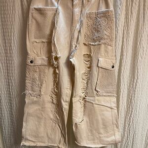 POL Cream Distressed Cargo Pants